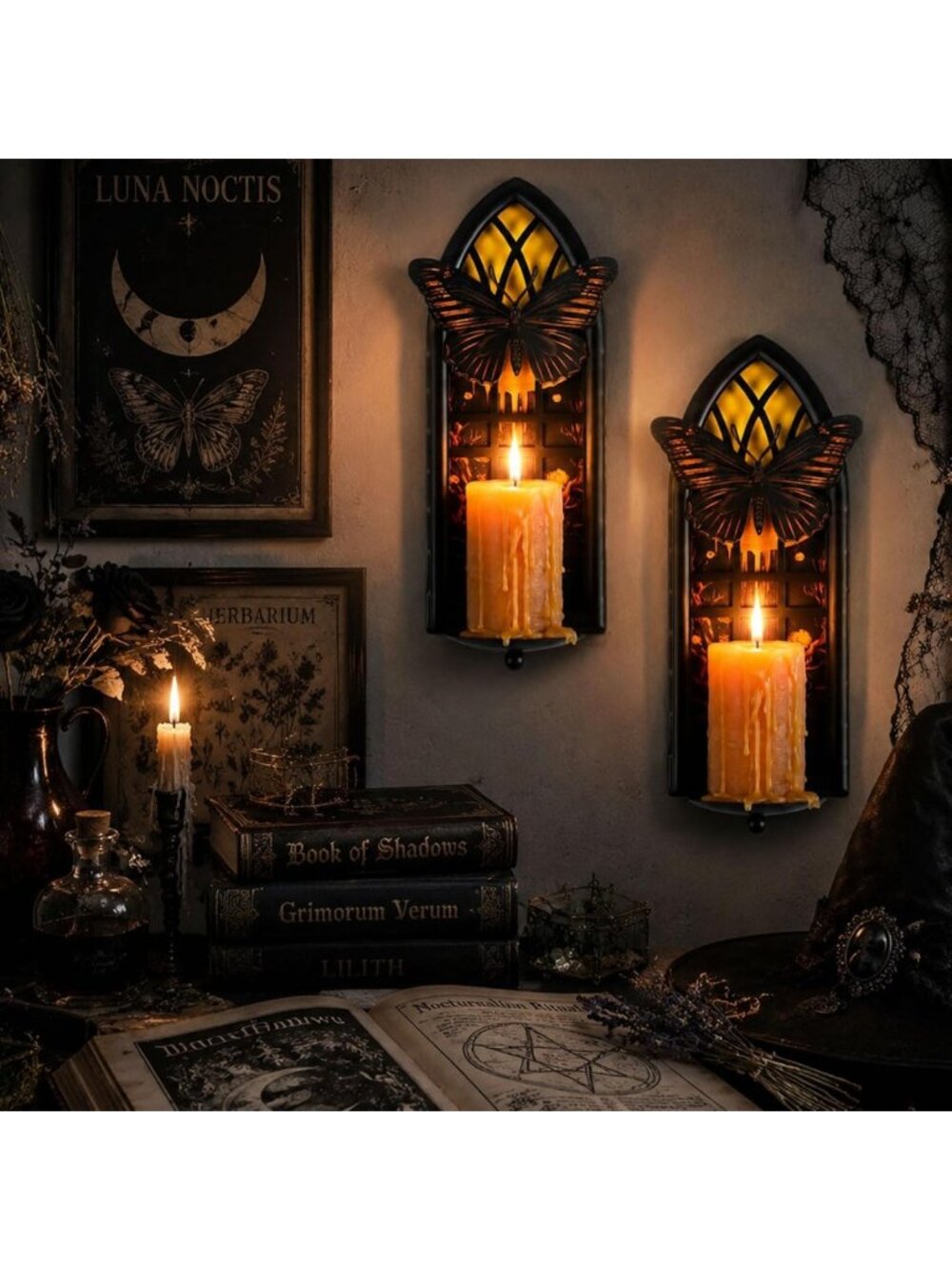 Gothic Moth Candle Sconces Set of 2 - Unique Cathedral Window Wall Decor